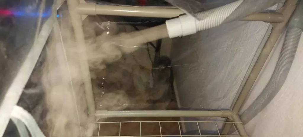 Hose pumping water vapor into greenhouse